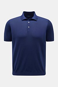Drumohr Kurzarm-Strickpolo navy, Slim Fit, feiner Baumwoll-Feinstrick mit Polokragen, Drei-Knopf-Leiste, elastischen Rippbündchen, frontal fotografiert.