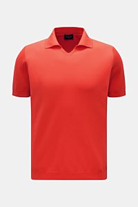 Front view of Drumohr Short sleeve knit polo light red, Italian-made with soft pure cotton, casual open collar placket, elasticated ribbed bands, regular fit.

Description:  
A fine essential from label DRUMOHR: This Italian-made short sleeve knit polo