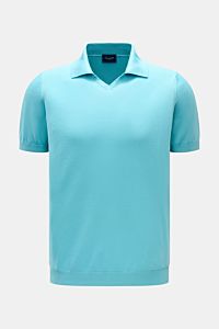 Front view of Drumohr Short sleeve knit polo blue in fine pure cotton knit with open collar placket, short sleeves, and ribbed bands.

Description: A fine essential from label DRUMOHR: This Italian-made short sleeve knit polo is made of comfortably sof