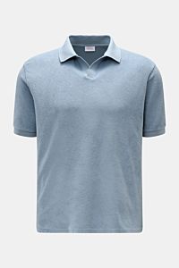 Front view of 04651/ A trip in a bag Terry polo shirt 'Terry Johnny' smoky blue, short sleeve cotton terry, soft feel, regular fit, signature collar, open collar strip, small woven side label, short hem vents; holiday feel you can wear, casual and comfort