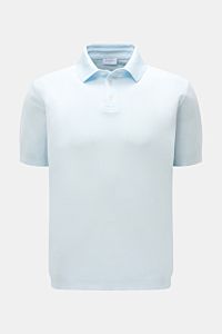 Front view of 04651/ A trip in a bag Poloshirt 'TP' pastellblau, a pastel blue pure cotton piqué polo shirt with a soft feel, regular fit, classic collar, smooth button placket, small side seam label, and comfortable ribbed cuffs. Ob im Urlaub oder Off