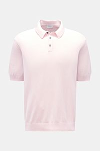 04651/ A trip in a bag Kurzarm-Strickpolo 'Pima Cotton' rosé, Slim Fit, reine Pima-Baumwolle, feiner Strick, Polokragen, Drei-Knopf-Leiste, frontale Ansicht.