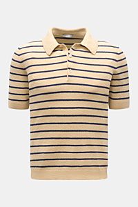 Circolo 1901 Frottee-Kurzarm-Strickpolo beige/navy gestreift, Slim Fit, klassischer Polokragen, Drei-Knopf-Leiste, leichte Struktur, frontal fotografiert.