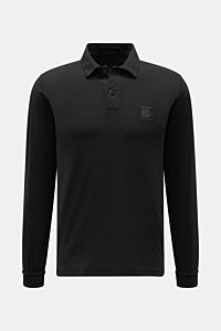 Stone Island Longsleeve-Poloshirt 'Ghost Piece' schwarz, frontal fotografiert, aus Baumwoll-Jersey, extra slim fit, tonales Kompasslogo.
