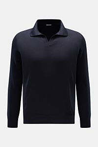 Gran Sasso Strickpolo dark navy, frontale Nahaufnahme, elegantes Basic mit offener Kragenleiste, Polokragen, elastischen Rippbündchen, feinem Strickbild aus reiner Baumwolle, Regular Fit, weicher Griff.