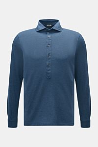 BRAUN Hamburg Longsleeve-Poloshirt graublau aus Baumwoll-Piqué, Slim Fit, Haifisch-Kragen, Fünf-Knopf-Leiste, Sportmanschette, Frontansicht.