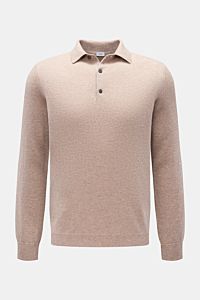 von Braun Cashmere Strickpolo beige meliert, frontale Ansicht, Slim Fit mit feinem Strick, Polokragen, Drei-Knopf-Leiste, elastischen Rippbündchen, reiner weicher Cashmere