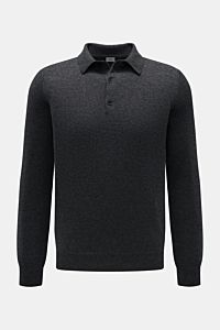 von Braun Cashmere Strickpolo dunkelgrau meliert, Slim Fit, feines Strickbild, Drei-Knopf-Leiste, Polokragen, elastische Rippbündchen, frontal fotografiert, reiner weicher Cashmere.