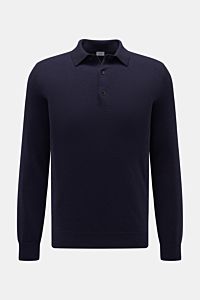von Braun Cashmere Strickpolo navy, frontal fotografiert, Slim Fit mit typischem Polokragen, Drei-Knopf-Leiste, elastischen Rippbündchen, feinem Strickbild, aus weichem, reinem mongolischem Cashmere für kalte Jahreszeit.