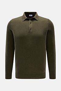 von Braun Cashmere Strickpolo dark olive, Slim Fit Langarm-Polo in frontaler Perspektive, aus weichem, feinem Mongolei-Cashmere mit Drei-Knopf-Leiste und elastischen Rippbündchen.