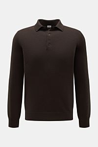 von Braun Cashmere Strickpolo dunkelbraun in Slim Fit, frontale Nahaufnahme mit feinem Strickbild, Polokragen, Drei-Knopf-Leiste und elastischen Rippbündchen aus weichem, reinem Cashmere.