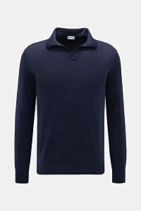 von Braun Merino Strickpolo navy in Regular Fit, aus feiner Merinowolle, mit offenem Polokragen, elastischen Rippbündchen, frontal fotografiert.