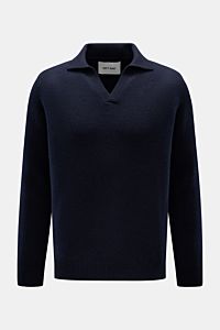 Soft Goat Cashmere Strickpolo navy, langärmlig, aus reinem Cashmere, mittelfeines Strickbild, Regular Fit, offene Kragenleiste, Rippbündchen, Frontalansicht.