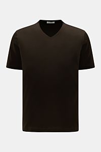Stefan Brandt V-Neck T-Shirt 'Artur' dunkelbraun, frontale Perspektive, Slim Fit aus weicher Pima-Baumwolle mit V-Ausschnitt.