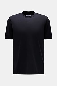 Front view of Marco Pescarolo Rundhals-T-Shirt 'James' dark navy in smooth, lightweight pure wool jersey. Slim fit with short side slits. Für luxuriöse Woll-Verarbeitung steht MARCO PESCAROLO - so ist auch definitiv dieses T-Shirt ein edles Piece aus rein