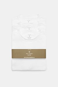 Officine Générale Rundhals-T-Shirt 3er-Set weiß, von oben fotografiert, Slim Fit, weicher Bio-Baumwoll-Jersey, Rundhalsausschnitt, angenehme Haptik.