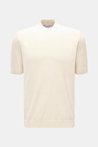 Lardini Kurzarm-Rundhalspullover creme, fein gestrickt, Slim Fit, reine Baumwolle, weicher Griff, dezentes Logo, Rippbündchen, Frontalansicht.
