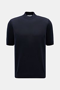 Lardini Kurzarm-Rundhalspullover navy, slim fit, feines Strickbild, weicher Griff, reine Baumwolle, Rundhalsausschnitt, Rippbündchen, Frontansicht.