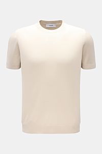 Lardini Seiden Kurzarmpullover sand, Slim Fit, Rundhalsausschnitt, feiner Strick aus reiner Seide, frontale Nahaufnahme, weicher Griff, flexible Bündchen.