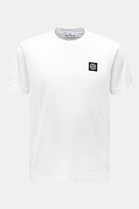 Stone Island T-Shirt 'Basic Cotton' weiß, Slim Fit, reine Baumwolle, weicher Griff, Rundhalsausschnitt, Weblabel Brust, frontal fotografiert.