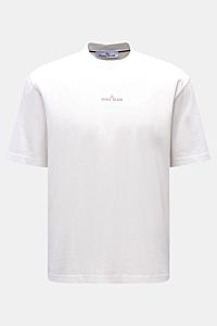 Stone Island Rundhals-T-Shirt offwhite, Frontansicht, Regular Fit aus schwerer Baumwolle mit STONE ISLAND-Print und plakativem Rückenprint.