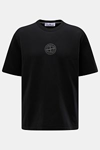 Front view of Stone Island Crew neck T-shirt black in heavyweight cotton, featuring a soft feel, regular fit, crew neck, small front print, and bold back print.

Description: 
Striking casual basic: STONE ISLAND presents this casual T-shirt made from h