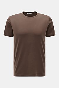 Stefan Brandt Rundhals-T-Shirt 'Enno' graubraun, Slim Fit, aus weicher Urpima Sea Island Baumwolle, Frontansicht mit Rundhalsausschnitt.