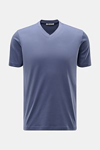 Front view of a blue Stefan Brandt V-neck T-shirt 'Adam' black, made from luxurious 'Urpima Sea Island' cotton jersey, slim fit, very soft feel, and timeless versatility.