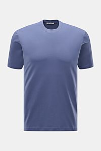 Frontansicht des Stefan Brandt Rundhals-T-Shirt 'Eli' graublau aus feinem Pima-Baumwoll-Jersey, Slim Fit, weicher Griff, Rundhalsausschnitt.
