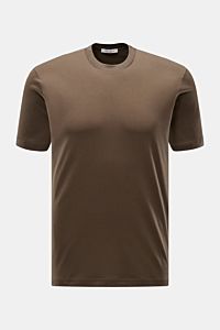 Frontale Nahaufnahme des graubraunen Stefan Brandt Rundhals-T-Shirts 'Eli' aus weichem Pima-Baumwoll-Jersey, Slim Fit.
