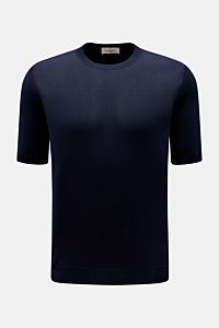Piacenza 1733 Kurzarmpullover navy, von vorne fotografiert, Slim Fit, reine Baumwolle, leicht griffig, offenes Strickbild, flexible Rippbündchen.
