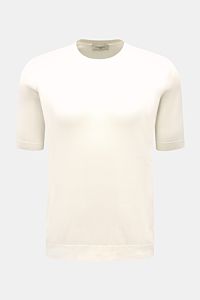 Piacenza 1733 Kurzarmpullover offwhite, Slim Fit, feines offenes Strickbild aus reiner Baumwolle, leichte Haptik, flexible Rippbündchen, Frontansicht.