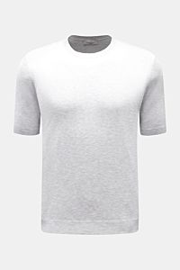 Piacenza 1733 Kurzarmpullover grau meliert, Slim Fit, aus reiner Baumwolle mit feinem, offenem Strickbild, flexible Rippbündchen, frontale Aufnahme.