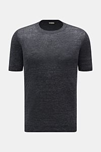 Gran Sasso Leinen Kurzarmpullover dunkelgrau, Slim Fit, aus reinem Leinen mit Rundhalsausschnitt und Rippbündchen, frontale Ansicht.