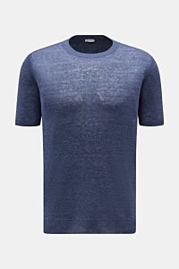 Gran Sasso Leinen Kurzarmpullover graublau, Slim Fit mit Rundhalsausschnitt, materialtypischer Struktur, feinem Strickbild, Rippbündchen, Frontansicht.