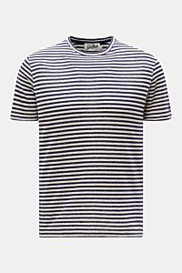 MC2 Saint Barth Crew neck T-shirt 'Dover Stripes' cream/navy striped, front view, soft linen blend, regular fit, crew neck, classic nautical stripes, sleeve embroidery.

For your casual summer looks: The 'Dover Stripes' T-shirt by MC2 SAINT BARTH, made