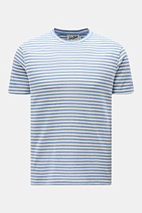MC2 Saint Barth Crew neck T-shirt 'Dover Stripes' cream/blue striped shown from front, soft linen blend, regular fit, classic nautical stripes, St. Barth sleeve embroidery. For your casual summer looks: The 'Dover Stripes' T-shirt by MC2 SAINT BARTH, m