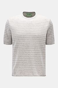 FTC Kurzarm-Rundhalspullover grau/weiß gestreift, frontal fotografiert, aus luftigem Cashmere-Baumwoll-SeaCell-Mix, soft, Regular Fit.