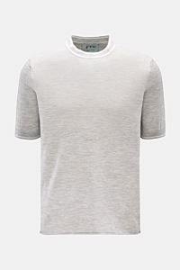 FTC Kurzarm-Rundhalspullover grau meliert, Slim Fit, feiner Cashmere-SeaCell-Mix, Rundhalsausschnitt mit Kontrast, frontal fotografiert, nachhaltige Produktion.