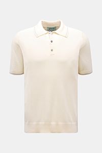 FTC Kurzarm-Strickpolo creme in Slim Fit, feiner Cashmere-SeaCell-Mix, klassischer Polokragen, Drei-Knopf-Leiste, schmale Kontrastkanten, frontal fotografiert.