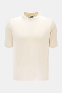 FTC Kurzarm-Rundhalspullover creme, frontal aus leichter Qualität mit feinem Strickbild, Slim Fit, Rippbündchen, rolliertem Saum, Cashmere-SeaCell-Mix, Öko-Tex® zertifiziert, nachhaltig produziert.
