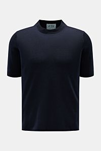 FTC Kurzarm-Rundhalspullover navy, vorne aus leichter, feiner Cashmere-SeaCell-Qualität, Slim Fit, Rundhalsausschnitt, rollierter Saum, Rippbündchen, nachhaltig produziert.
