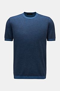 Moorer Kurzarmpullover 'Jude' navy, frontale Ansicht, Slim Fit, feines Strickbild, Rundhalsausschnitt, flexible Rippbündchen, weiche reine Baumwolle