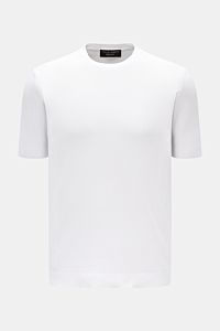 Front view of Filippo de Laurentiis Feinstrick-Kurzarmpullover weiß, a slim fit, short-sleeve fine knit pullover in pure cotton with round neckline, soft texture, comfortable cuffs, and side hem slits. Sommerliche Knitwear: Mit diesem kurzärmeligen Feinst