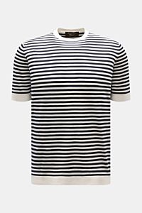 Filippo de Laurentiis Feinstrick-Kurzarmpullover offwhite/dark navy gestreift, Slim Fit, Rundhals, kurze Ärmel, aus reiner Baumwolle, frontal fotografiert.
