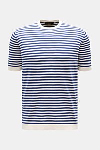 Filippo de Laurentiis Feinstrick-Kurzarmpullover offwhite/dunkelblau gestreift, Slim Fit, Rundhals, kurze Ärmel, weiche Baumwolle, frontale Nahaufnahme.