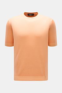 Front view of Filippo de Laurentiis Kurzarmpullover apricot, a slim fit short-sleeve pullover in pure cotton with soft feel, fine knit, round neckline, and comfortable ribbed cuffs; vielseitiges Basic: Der Kurzarmpullover von FILIPPO DE LAURENTIIS bestich