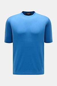 Filippo de Laurentiis Kurzarmpullover blau, frontal fotografiert, Slim Fit, reine Baumwolle, weicher Griff, Rundhalsausschnitt, Rippbündchen.