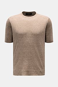 Filippo de Laurentiis Feinstrick-Kurzarmpullover braun meliert, Slim Fit, Rundhalsausschnitt, aus Leinen-Baumwollmix, frontal fotografiert.
