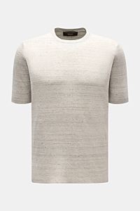 Filippo de Laurentiis Feinstrick-Kurzarmpullover hellgrau meliert, Slim Fit, Rundhalsausschnitt, Rippbündchen, Frontansicht, Leinen-Baumwoll-Mix, feines Strickbild.